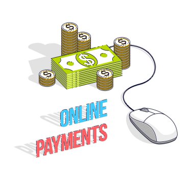Online finans kavramı, web ödemeler, Internet kazanç, online bankacılık, nakit para yığınları kazık için bağlı bilgisayar fare ile. İzometrik 3d iş ve finans illüstrasyon vektör.