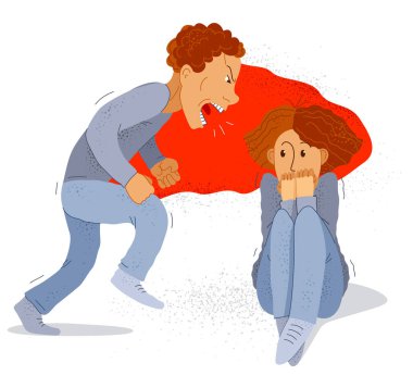 Küfürbaz koca vektör çizimi, kötü aile babası, korkmuş kadına bağırıp çağırma karısı, aile içi şiddet, zorba koca, psikolojik şiddet, alkolizm ve saldırganlık.