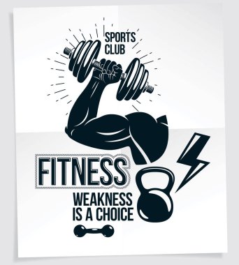 Halter kulübü tanıtım broşürü. Atletik sporcu pazısı kullanılarak oluşturulan vektör kompozisyonu disk ağırlığı halteri ve çaydanlık zili spor ekipmanları içerir. Zayıflık bir seçimdir..