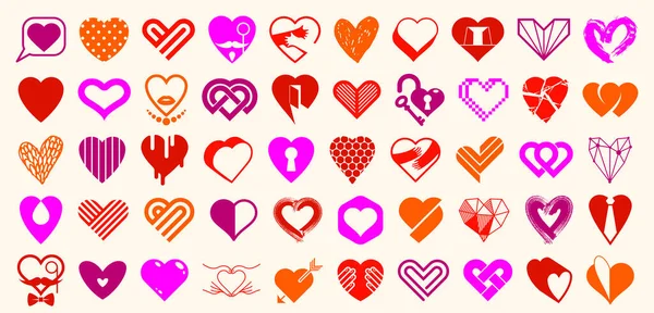 心脏矢量标志或图标集的集合 不同风格和概念符号的心脏形状 爱与关怀 健康与心脏科 几何和低度多重性 — 图库矢量图片