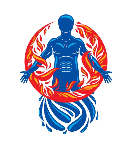Векторная Иллюстрация Человека Спортсмена Созданного Воды Окруженного Огненным Шаром Жизнь — стоковый вектор