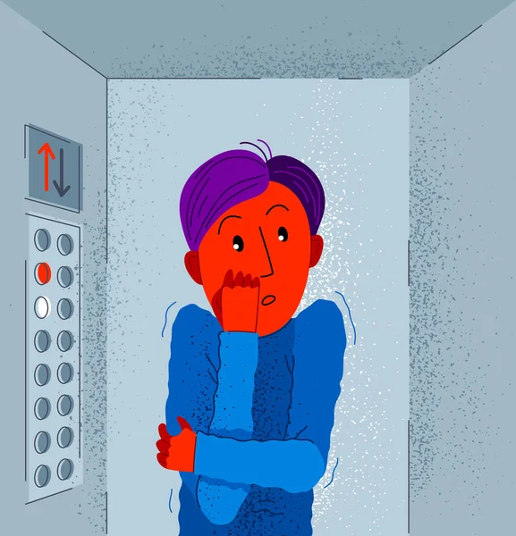 幽闭恐惧症害怕密闭的空间 也没有逃跑媒介图解 男孩被关在电梯里 害怕恐慌发作 — 图库矢量图片