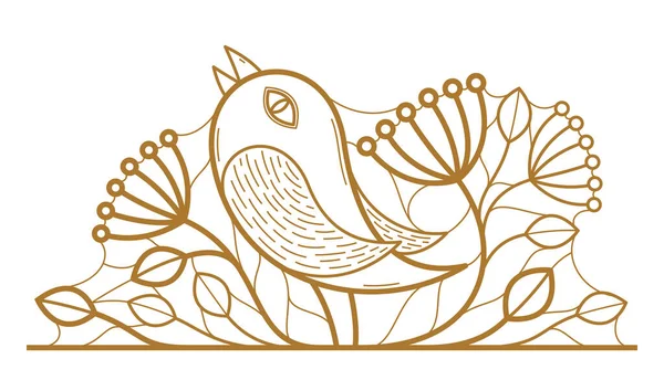 Красивая Птица Ветке Линейного Цветочного Векторного Дизайна Изолированы Белом Оставляет — стоковый вектор
