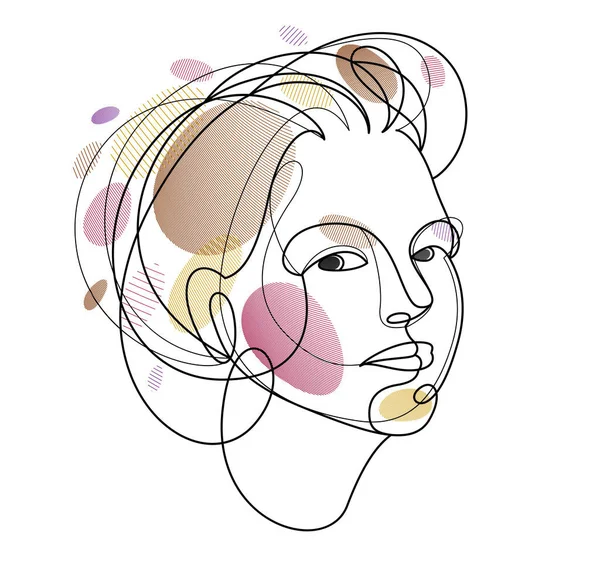 Woman Beauty Face Vector Linear Illustration Delicate Line Art Attractive — Vetor de Stock