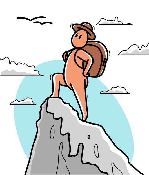 バックパックと誇りベクトルフラットスタイルのイラストと高い山の頂上に立つ面白い漫画の男白で隔離された アクティブなライフスタイルのハイキングや登山の概念 — ストックベクタ