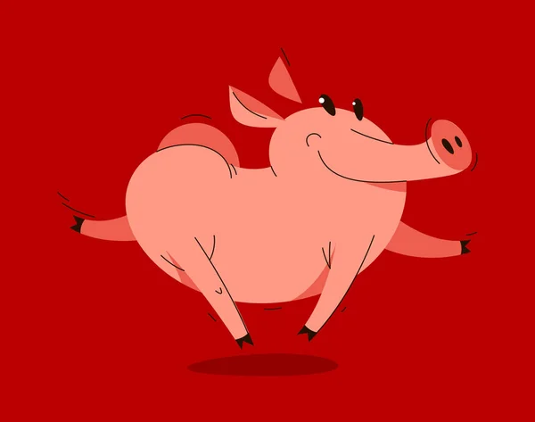 Funny Cartoon Pig Runs Happy Hilarious Vector Illustration Activity Happy — Stock Vector