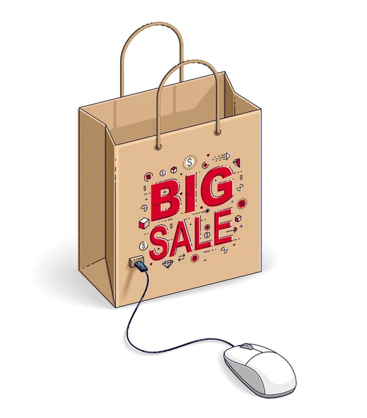 网上商店的概念 网络商店 网上销售 购物袋与Pc鼠标连接孤立的白色背景 等距矢量业务和财务说明 3D细线设计 — 图库矢量图片
