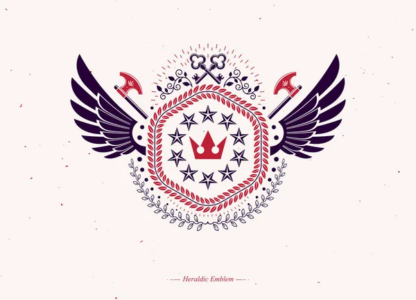ヴィンテージ紋章のデザインで作られた翼のベクトルエンブレム セキュリティキー 王冠と星を使用して作成された腕の紋章 — ストックベクタ