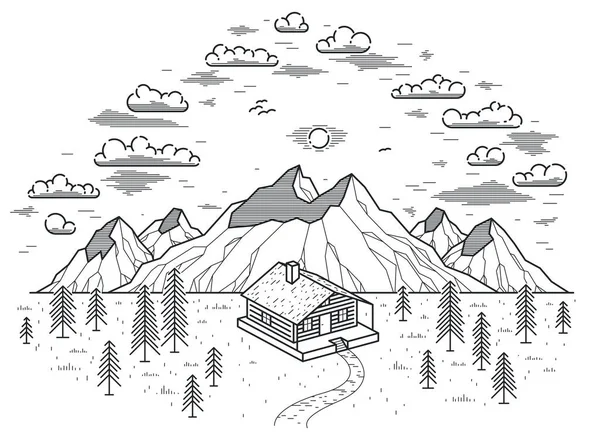 Cabane Montagne Vecteur Linéaire Nature Illustration Isolé Sur Blanc Chalet — Image vectorielle
