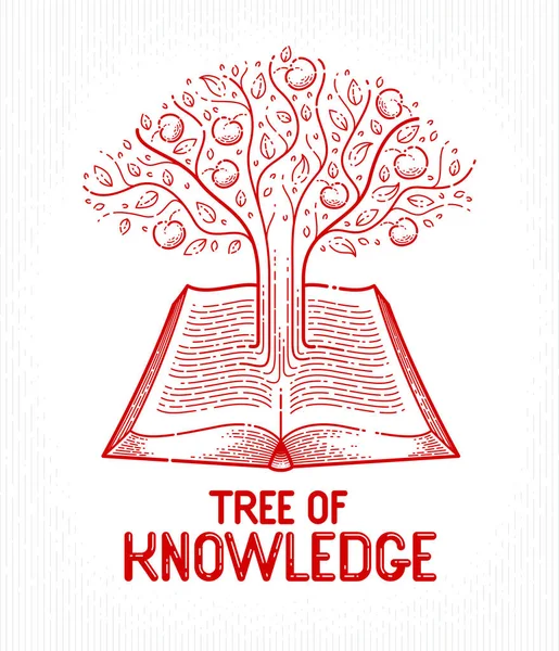 オープンヴィンテージ本の教育や科学知識の概念 教育や科学文献ライブラリベクトルのロゴやエンブレムのテキストラインから成長木 — ストックベクタ