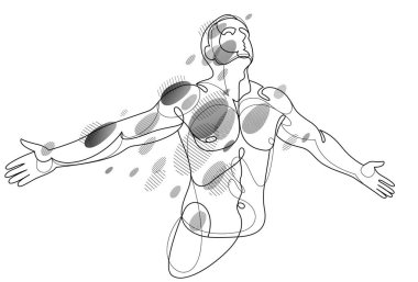 Man with spread hands showing pose of freedom like feeling that he can fly, vector linear illustration, emotional concept of feel free and happy.