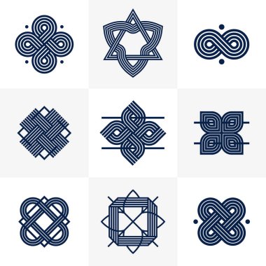 Soyut geometrik doğrusal semboller vektör seti, logo oluşturma için grafik tasarım unsurları, iç içe geçmiş çizgiler vintage biçim simgeleri koleksiyonu.