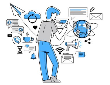 Online work concept vector outline illustration, remote virtual working freelancer or a part of coworking team working on distance.