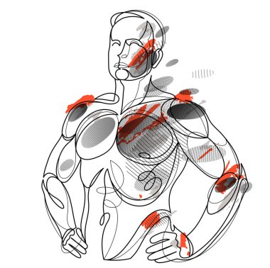 Linear drawing of a perfect body fit model man posing vector illustration isolated, muscular macho sexy guy with naked torso topless.