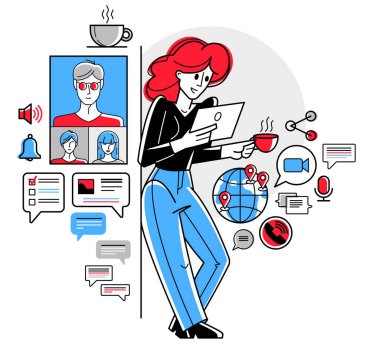 Video chat, young people are speaking remote about business and work, vector outline conference, online chatting team of workers, online conference webinar.