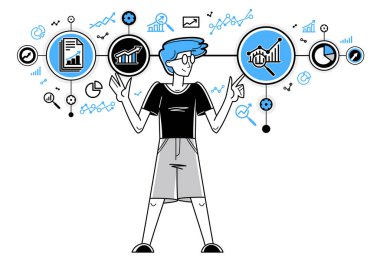 Worker analyzes some data and systematizing information, vector outline illustration, abstract big data analysis, automation 