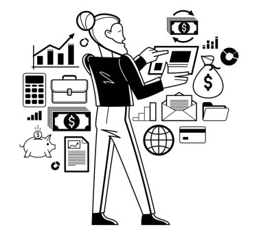 Ticari bir proje vektör taslağı üzerinde çalışan meşgul bir iş adamı, finansal verileri analiz eden girişimci, yönetici şirket lideri.