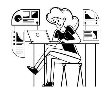 Kadın entellektüel işçiler pc veya internet üzerinde bazı verileri analiz ediyorlar, veri sistematize ediyorlar, bilgi topluyorlar ve analiz ediyorlar, vektör çizimleri çiziyorlar..