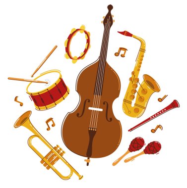 Caz müzik grubu kavramı farklı enstrümanlar vektör düz illüstrasyon beyaz zemin, canlı müzik festivali veya konser, müzisyen farklı enstrümanlar seti.