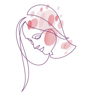 Beautiful face of attractive woman vector linear drawing, sensitive emotional line art adult girl portrait, feminine abstract face line art.