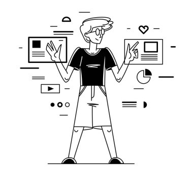 Intellectual worker making analysis of some data on pc or web, data systematization, collecting and analyzing information, vector outline illustration.