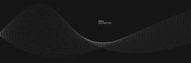 Hareket vektöründeki gri noktalar siyah üzerine soyut arkaplan, parçacıklar dalgalı akış dizisi, hareket, teknoloji ve bilimsel illüstrasyondaki eğri çizgiler.