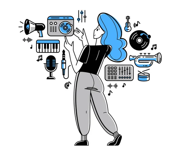 Music Producer Composing New Track Vector Outline Illustration Sound Engineer — 图库矢量图片
