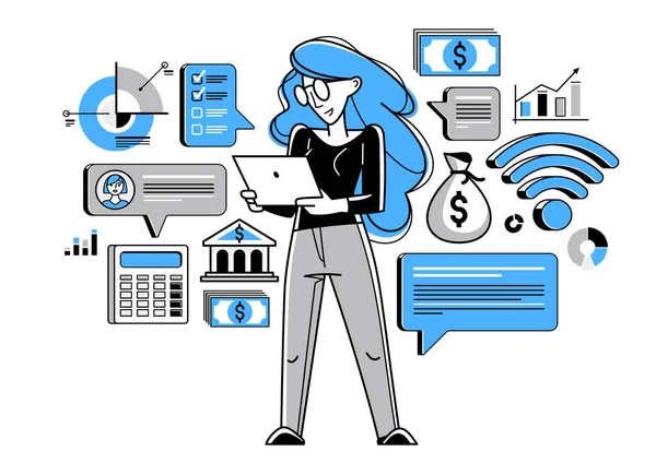 Business Woman Analyzing Organizing Financial Deals Online Vector Outline Illustration — Stockvector