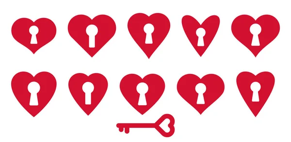 心形挂锁矢量标志或图标套装 锁和钥匙爱情主题心形开放或封闭的情感 秘密的感情概念 情人节主题 — 图库矢量图片