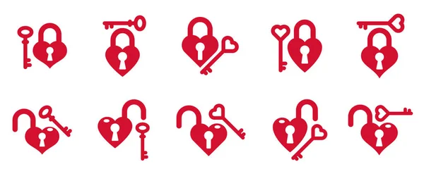 Corazón Forma Candados Vector Logos Iconos Conjunto Cerraduras Llaves Mano — Vector de stock