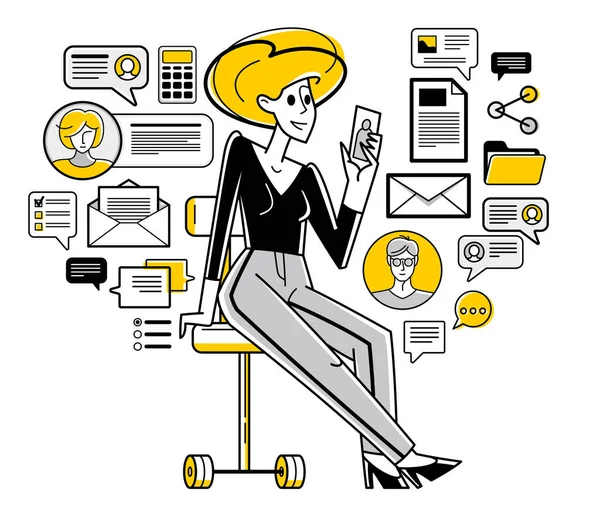 Phone Working Online Person Doing Some Job Vector Outline Illustration — Image vectorielle