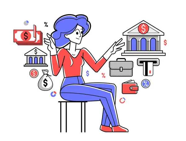 Τραπεζική Διανυσματική Απεικόνιση Περίγραμμα Γυναίκα Διευθυντής Που Εργάζεται Οικονομικά Τον — Διανυσματικό Αρχείο