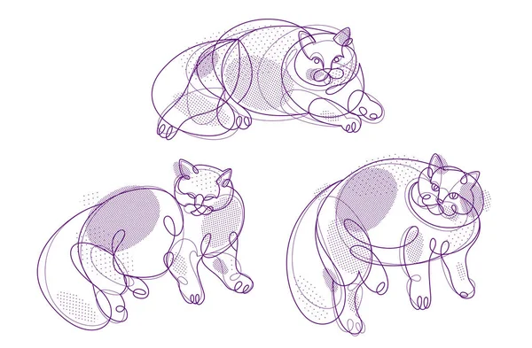Nice Cute Cat Linear Vector Illustrations Set Line Art Drawings — Stok Vektör
