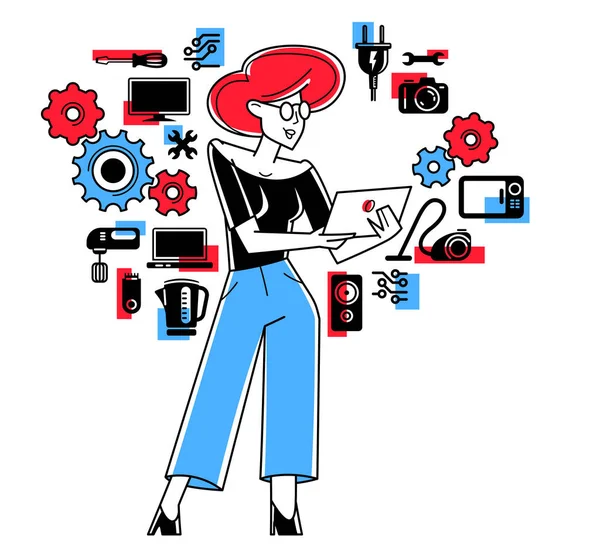 Technician engineer repairing household appliances, woman repairer service vector outline illustration, engineer fixing and upgrading different technics.