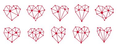 Düşük polimetrik kalp vektör simgeleri veya logoları, grafik tasarımı 3d aşk teması elemanları, çokgen boyutsal kalpler.