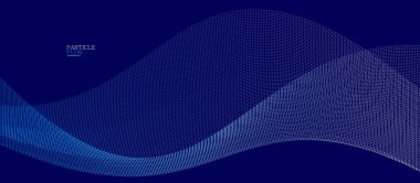 Koyu mavi soyut arkaplan, akışkan parçacıkların vektör dalgası, hareket halindeki kıvrımlı noktalar, teknoloji ve bilim teması, havadar ve fütüristik illüstrasyon.