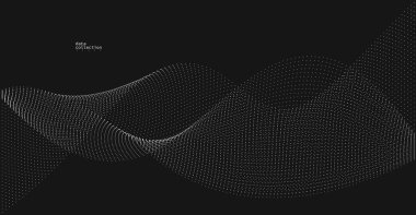 Hareket vektöründeki gri noktalar siyah üzerine soyut arkaplan, parçacıklar dalgalı akış dizisi, hareket, teknoloji ve bilimsel illüstrasyondaki eğri çizgiler.