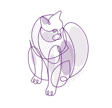 Nice cute cat linear vector illustration, line art drawing of pussycat relaxing, artistic outline minimal sketch of fat and lazy cat.