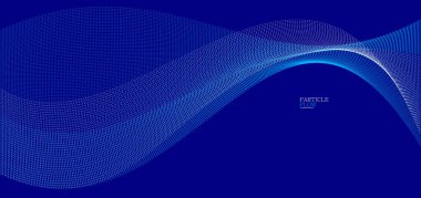 Koyu mavi soyut arkaplan, akışkan parçacıkların vektör dalgası, hareket halindeki kıvrımlı noktalar, teknoloji ve bilim teması, havadar ve fütüristik illüstrasyon.