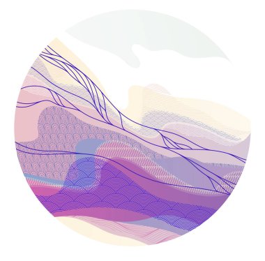 Çember şeklinde soyut bir Japon sanat vektörü arka planı, geleneksel stil tasarımı, dalgalı şekiller ve dağlık arazi, deniz hatları gibi akışkan..