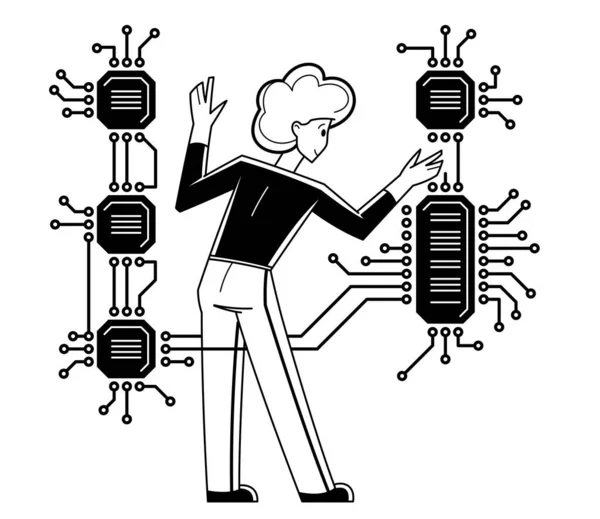 Elektroniczne Płytki Remontowe Inżynier Sprzętu Komputerowego Wykonujący Pracę Ilustracja Wektorowa — Wektor stockowy