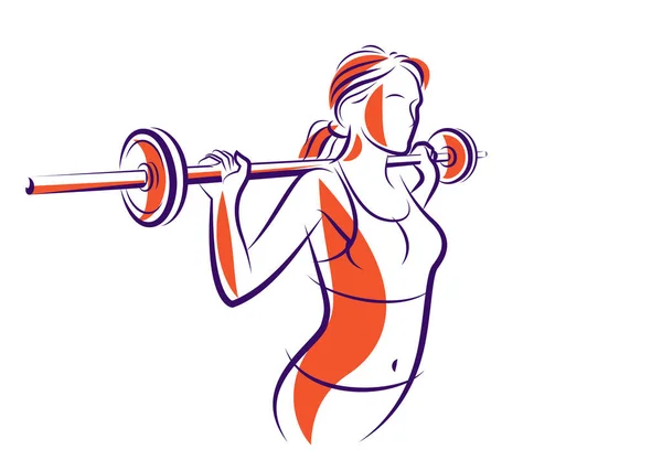 Young Attractive Woman Perfect Muscular Body Training Barbell Vector Illustration — Vector de stock