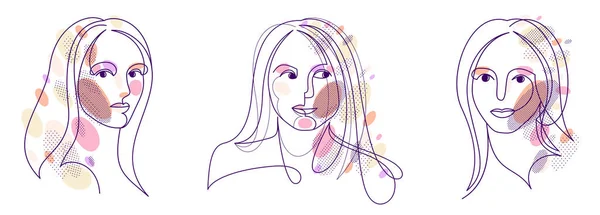 Woman Beauty Face Vector Linear Illustrations Set Delicate Line Art — ストックベクタ