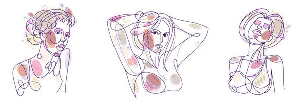 Woman Beauty Face Vector Linear Illustrations Set Delicate Line Art — Vettoriale Stock