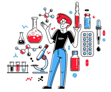 Pharmaceutical research vector illustration, scientist working on new drugs medicine, chemist job, biochemistry pharma.