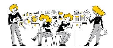 İnternet üzerinden ticari proje üzerinde çalışan girişimci ekip lideri, çevrimiçi vektör ana hatlarını analiz eden ve finansal anlaşmalar düzenleyen iş adamları.