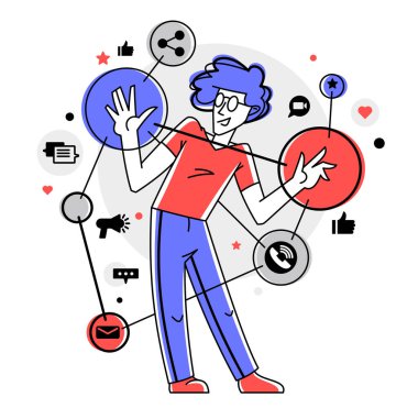 Creative worker doing some job and creating some system, inspired inventive designer or engineer composing abstract elements, vector outline illustration.