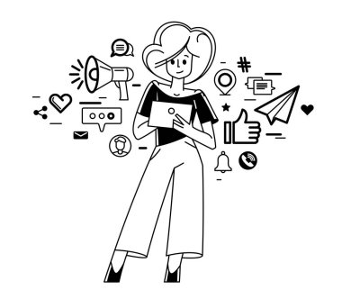 Social media influencer at work vector outline illustration, online marketing worker, manager working in social media, support service.