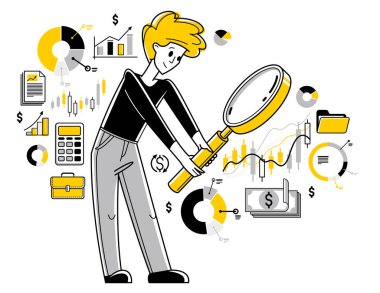 Financial analytic making inquiry about budget balance in business company, vector outline illustration, business strategy growth, investments.