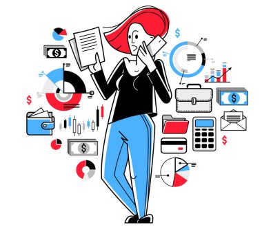 Financier working with charts and bars vector outline illustration, woman accountant working with financial data, analyst adviser working with investment. 